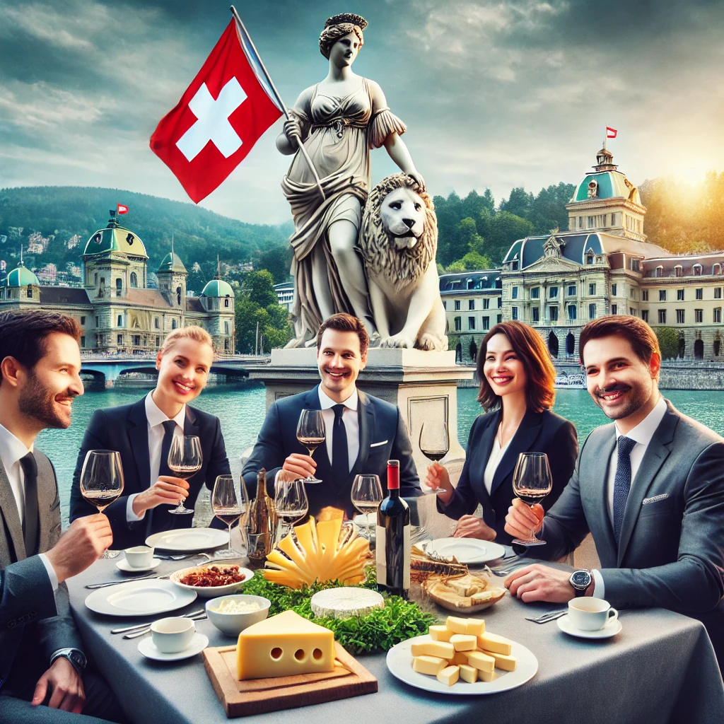 DALL·E 2024-08-04 18.43.25 - A team of experienced Swiss insurance experts enjoying wine and cheese near the Helvetia statue. The experts are dressed professionally, sitting at a helvetiaplatz