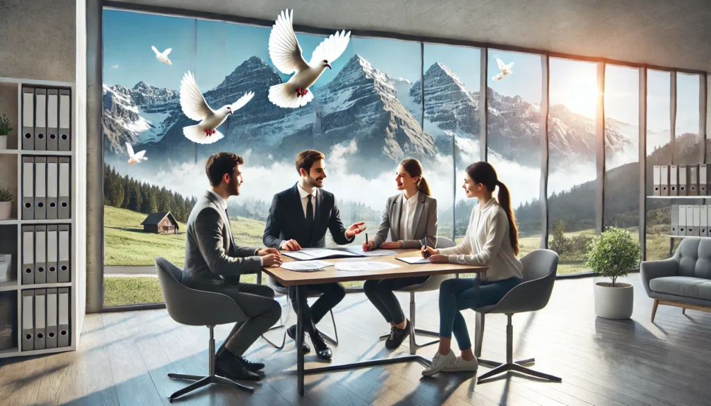 DALL·E 2024-08-04 20.49.02 - A professional scene showcasing an offer discussion and application submission with a backdrop of the magnificent Swiss mountains and white doves. The versicherungen günstig